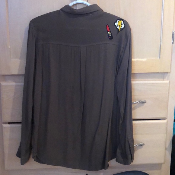 Khaki Button Down with Cool Patchwork - Picture 2 of 2